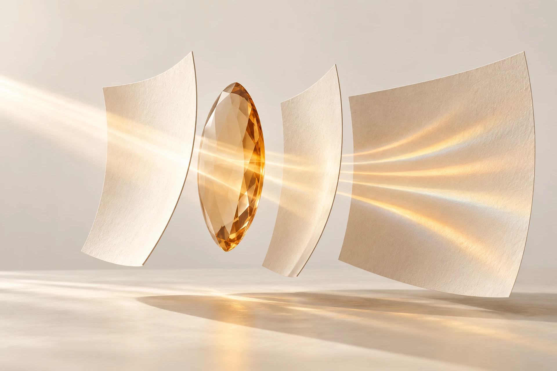 Une lentille ambrée organise la lumière entre des feuilles courbes