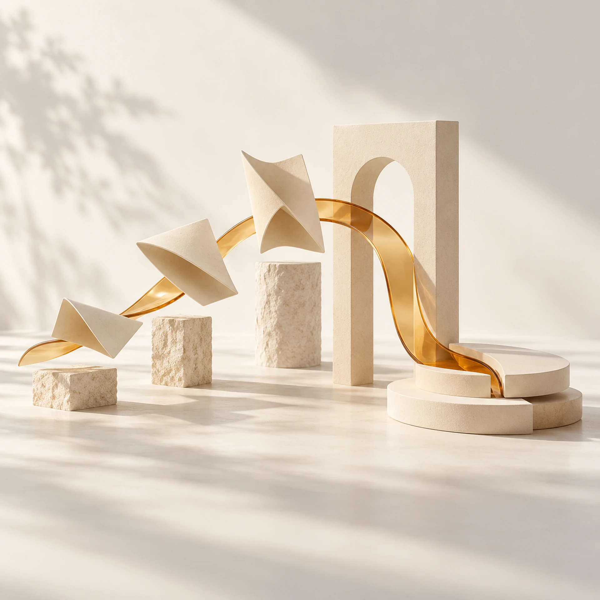 An idea finds its direction and takes shape: ivory planes connected by a ribbon of amber glass