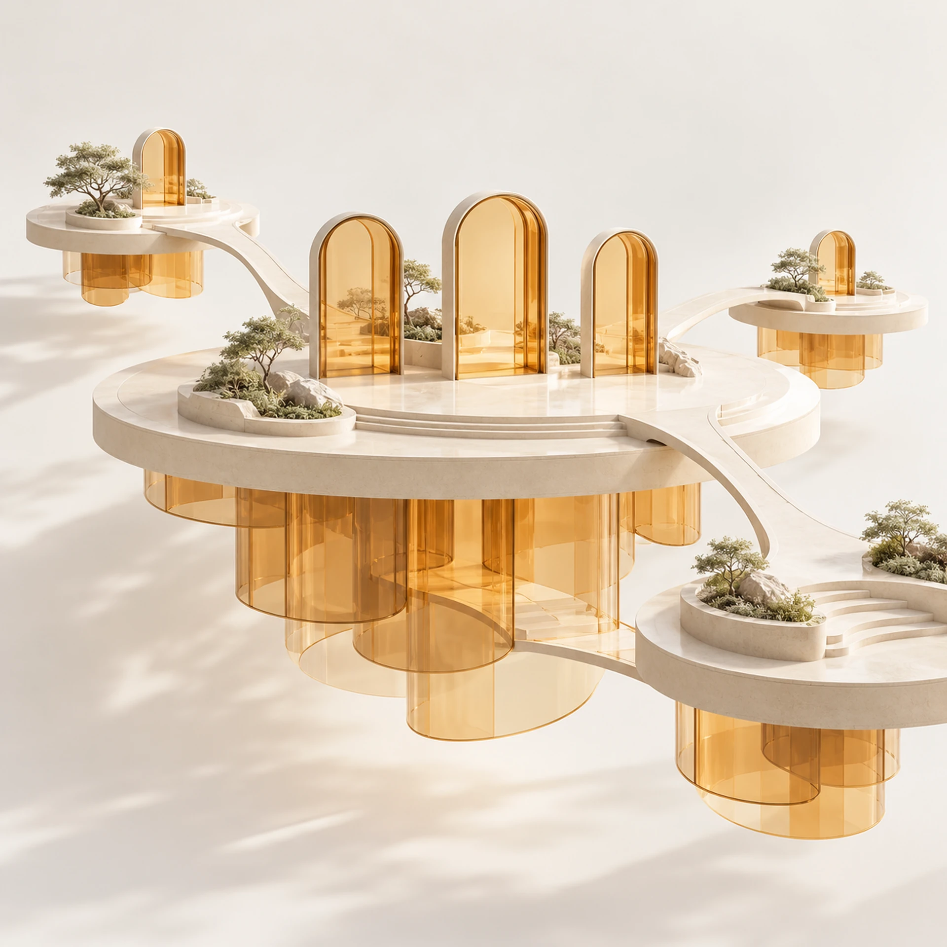 Espaces de plateforme reliés autour d’une terrasse centrale