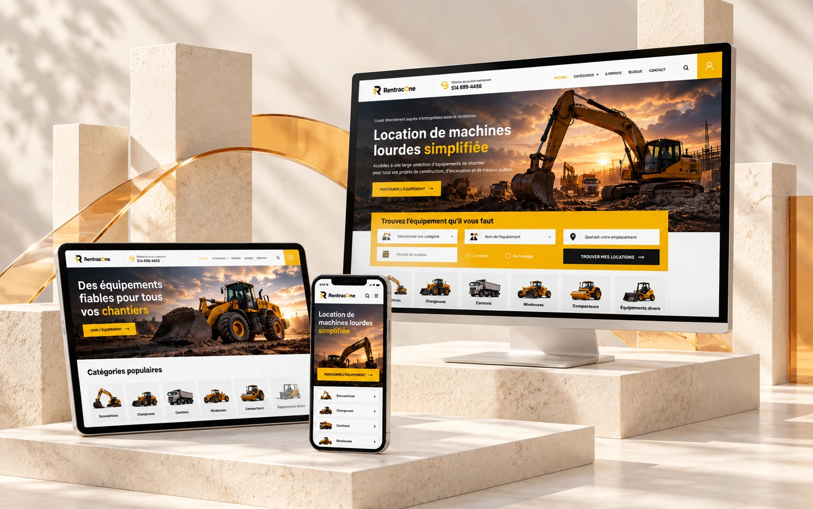 RentracOne website on desktop, tablet and phone, in a light setting with white columns and an amber bridge