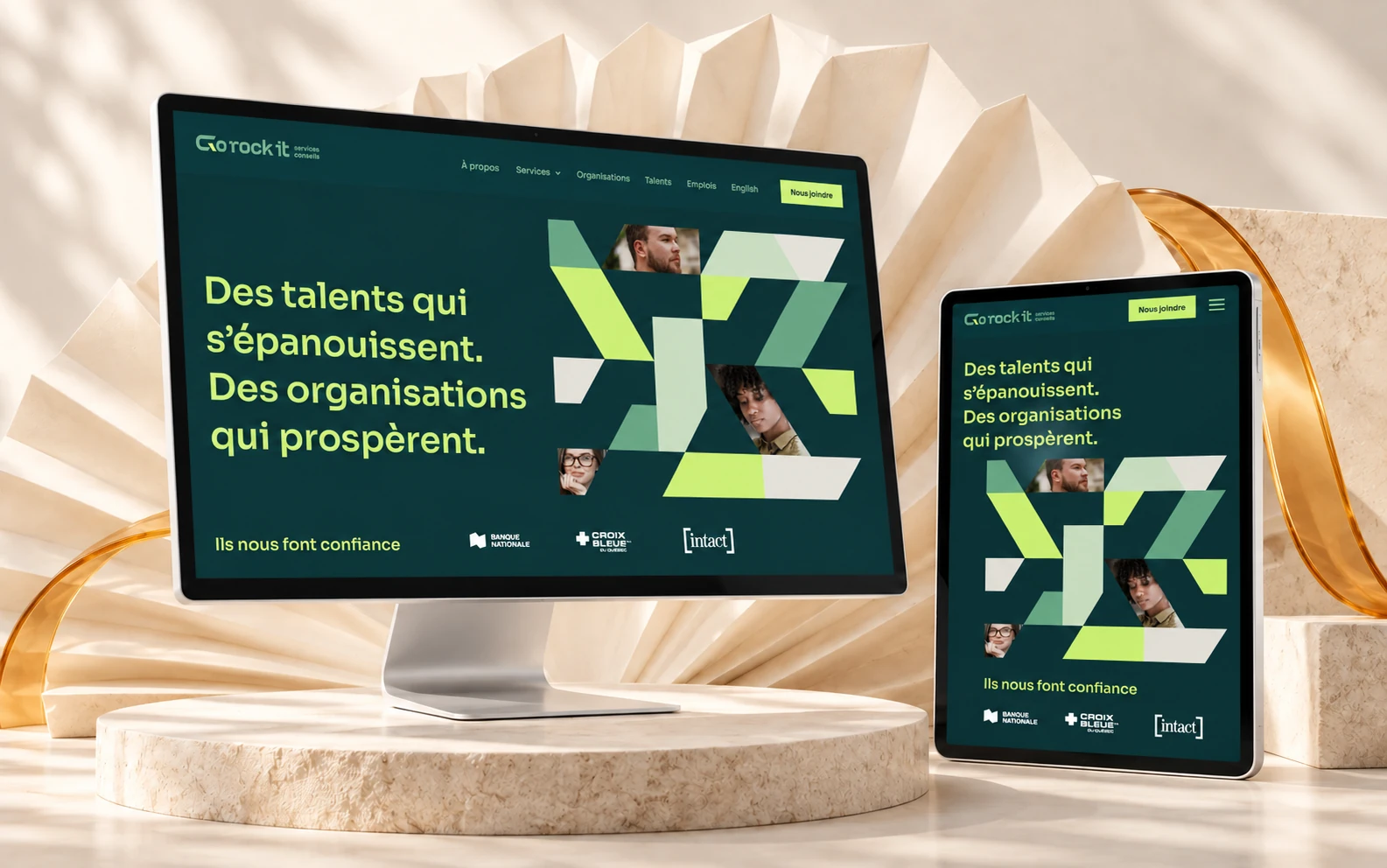 GO ROCK IT website on desktop and tablet, in a light setting with an ivory paper fan