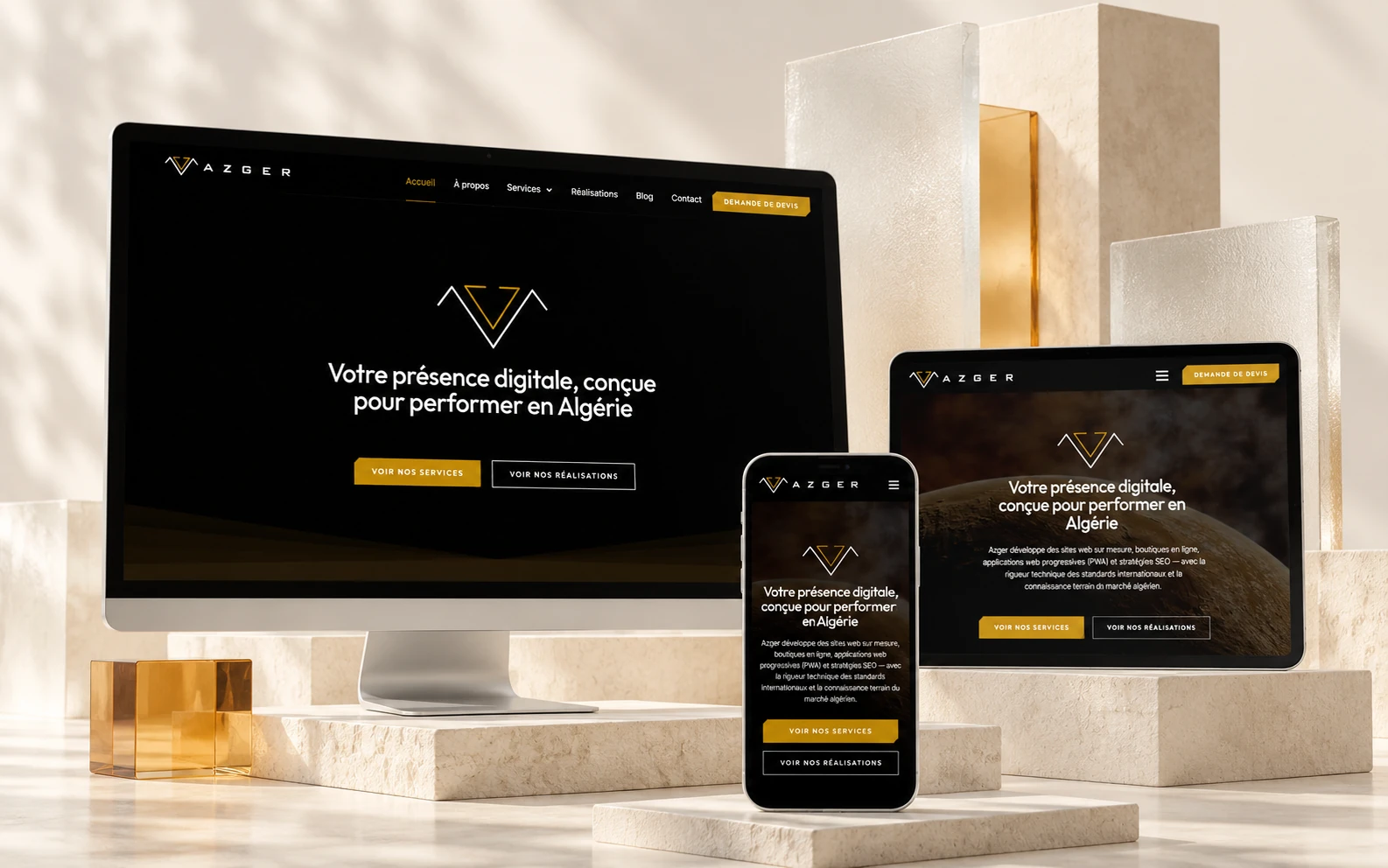 Azger website on desktop, tablet and phone, in a light setting with offset pale panels and amber glass