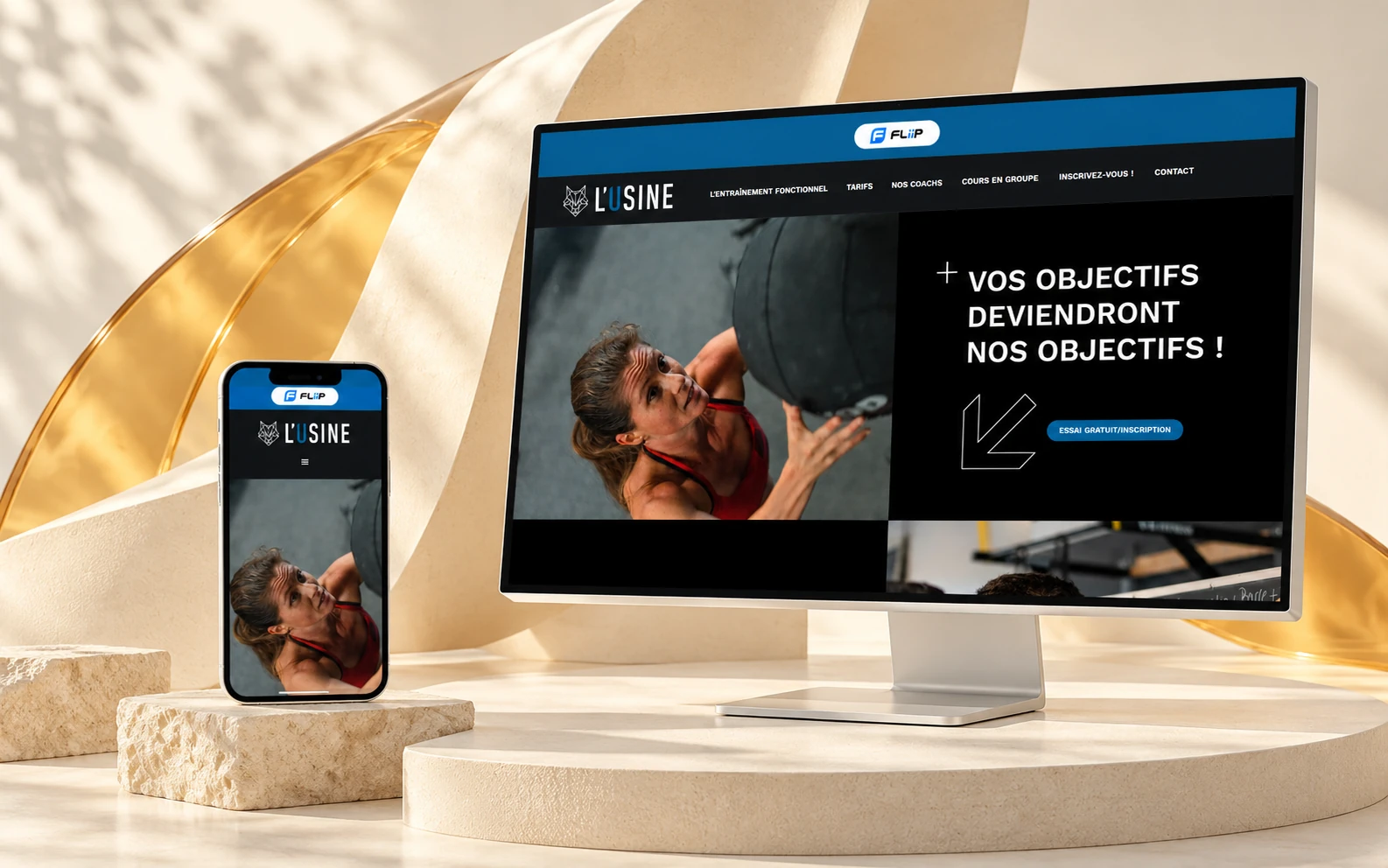 L’Usine website on desktop and phone, in a light setting with a circular plinth and a sculpted sheet
