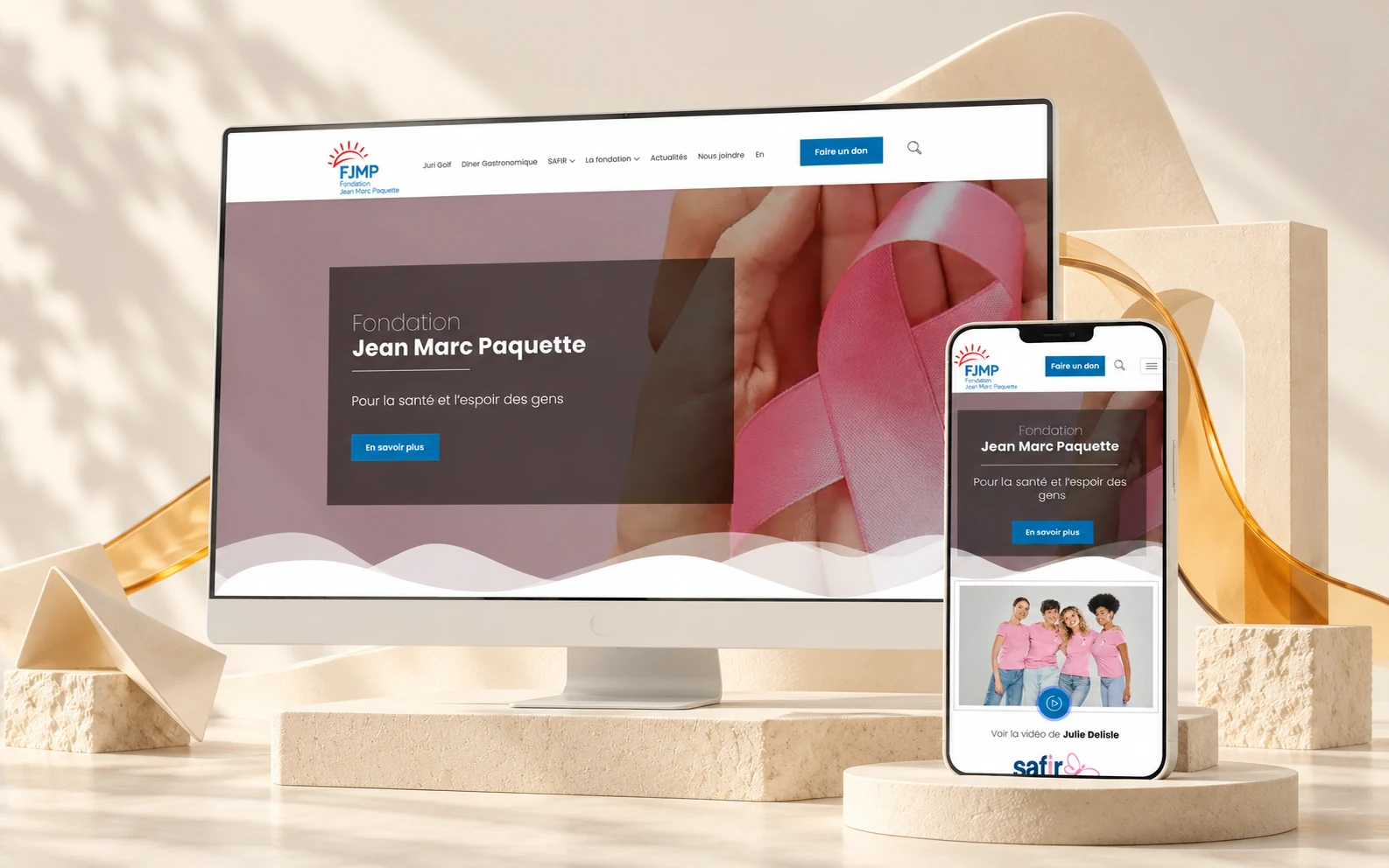 FJMP website on desktop and phone, in a light setting with an ivory arch and an amber curve