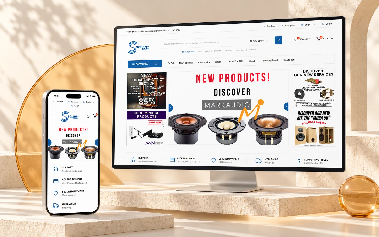 Solen Online website on desktop and phone, in a light setting with pale shelves and an amber lens