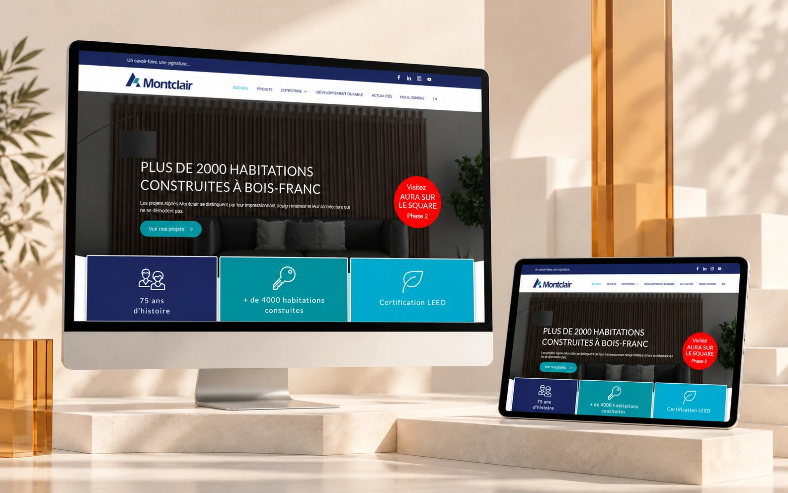 Groupe Montclair website on desktop and tablet, in a light setting with architectural terraces and an amber column