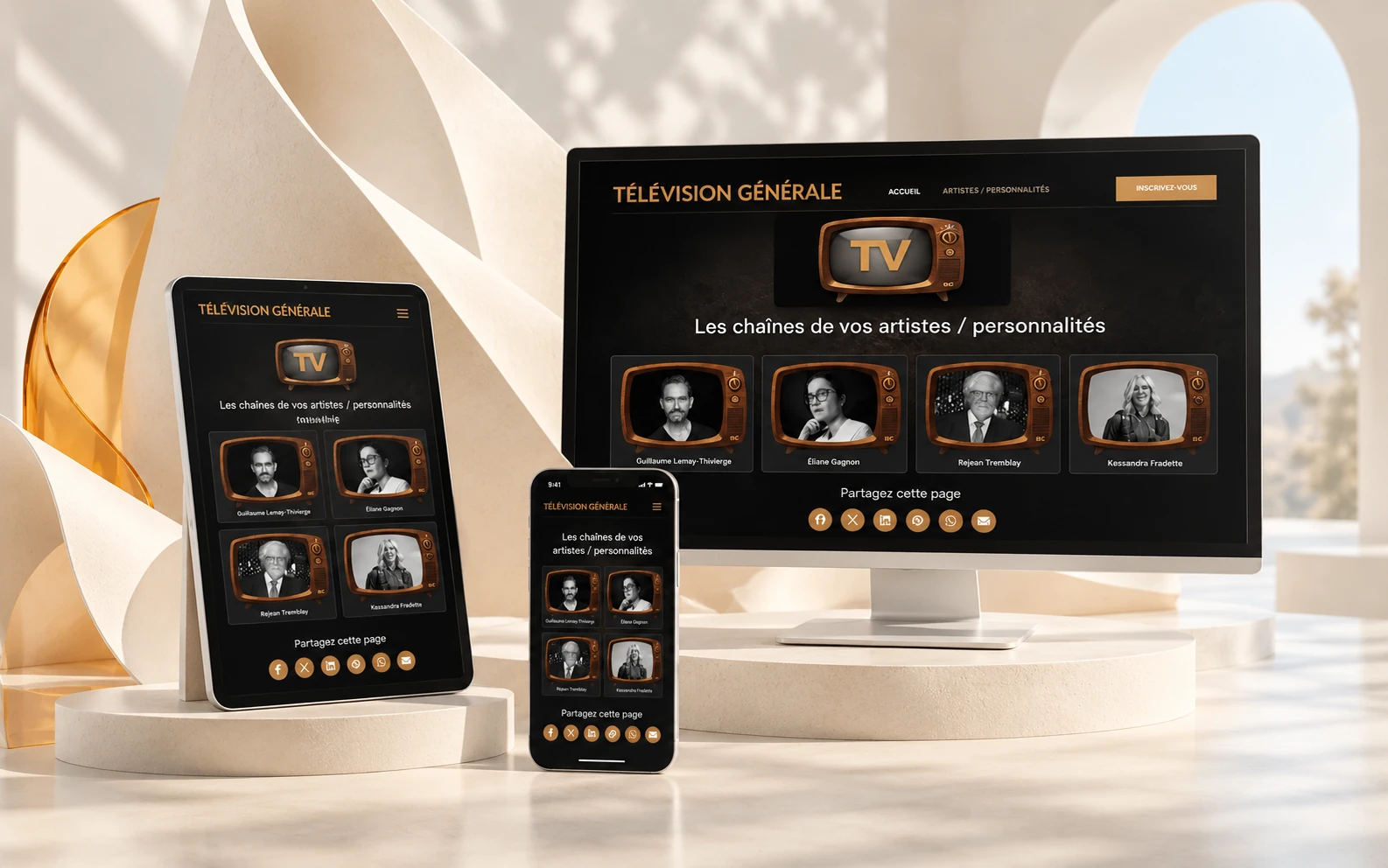 Télévision Générale website on desktop, tablet and phone, in a light setting with paper sails and round platforms