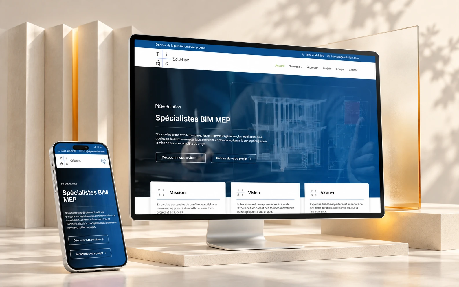 PiGe Solutions website on desktop and phone, in a light setting with accordion panels and frosted glass