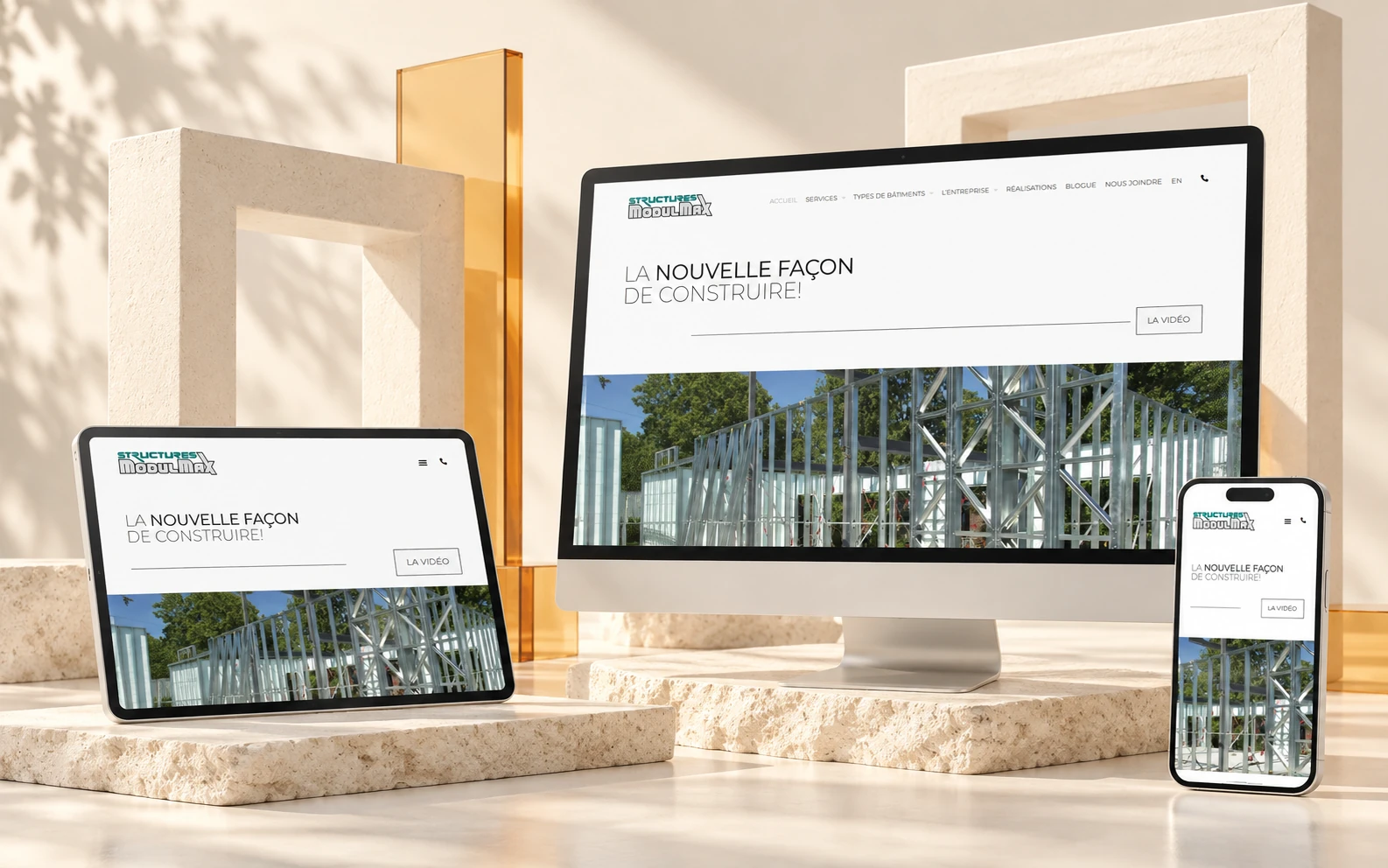 Structures ModulMax website on desktop, tablet and phone, in a light setting with open architectural frames