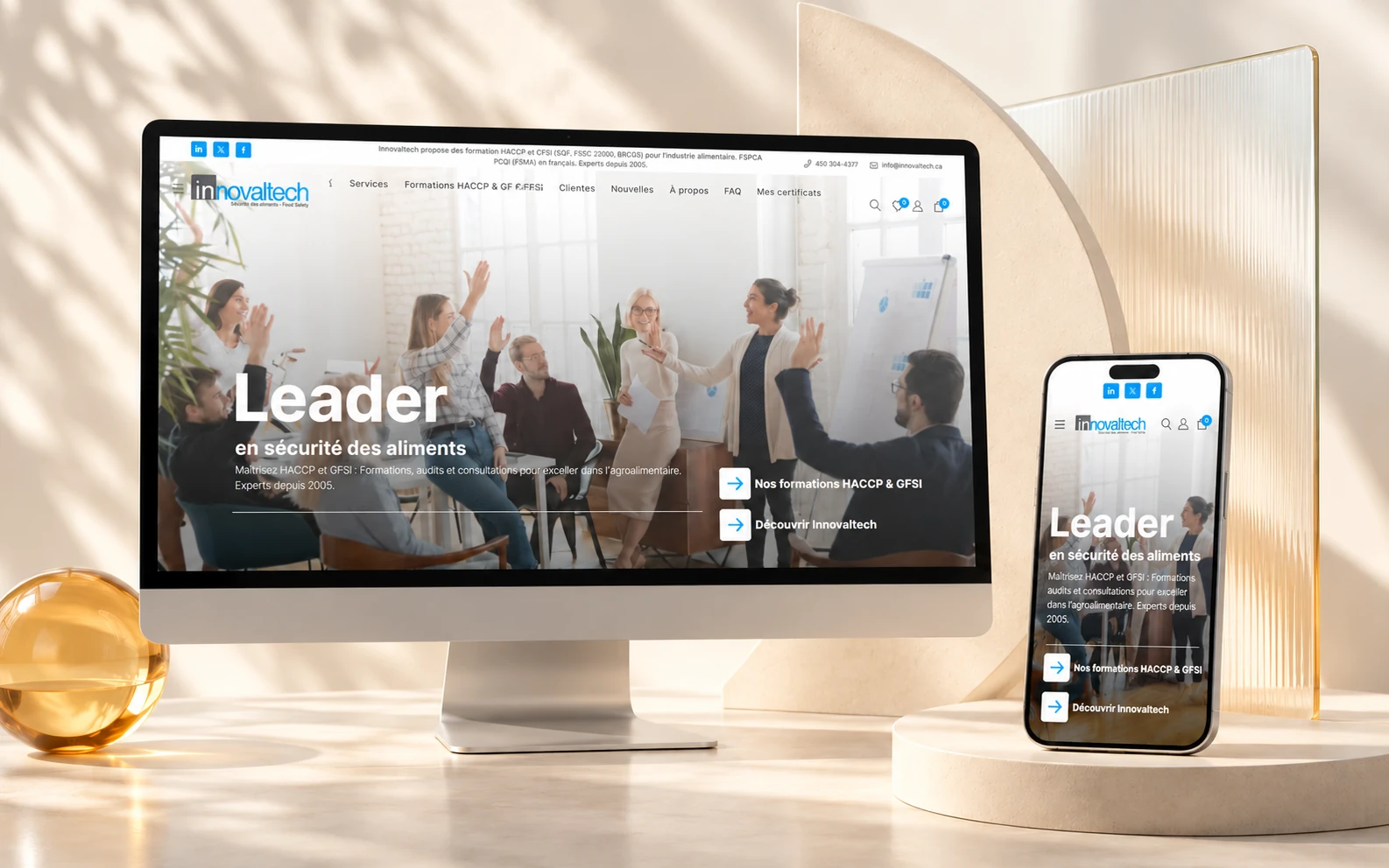 Innovaltech website on desktop and phone, in a light setting with ribbed glass, porcelain and an amber sphere