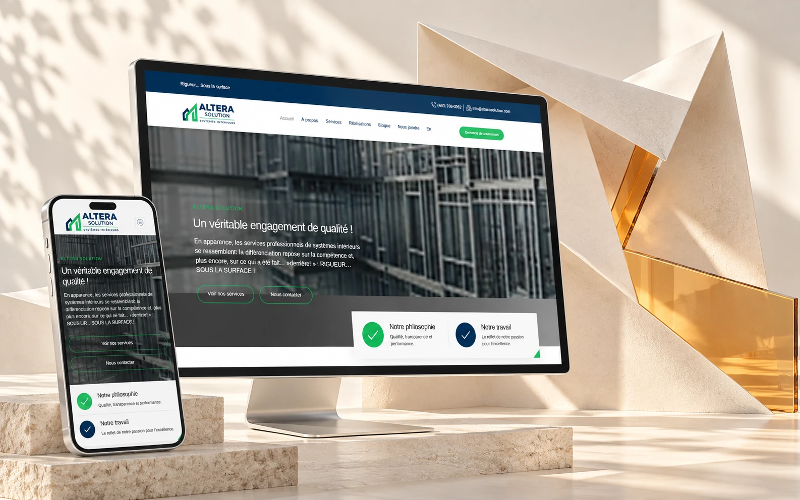 Altera Solution website on desktop and phone, in a light setting with angular folds and a subtle amber accent