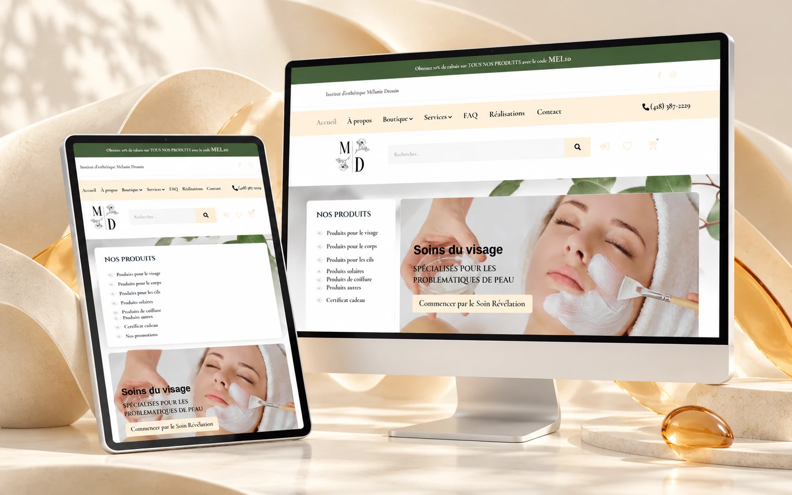 Mélanie Drouin website on desktop and tablet, in a light setting with porcelain curves and champagne-coloured paper