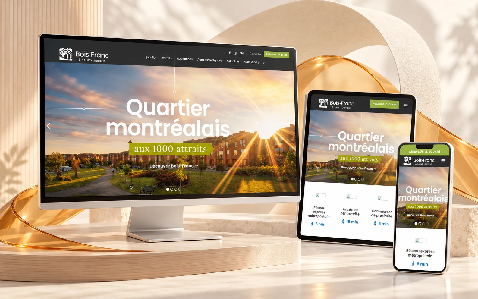 Bois-Franc website on desktop, tablet and phone, in a light setting with pale wood, a paper arch and amber glass