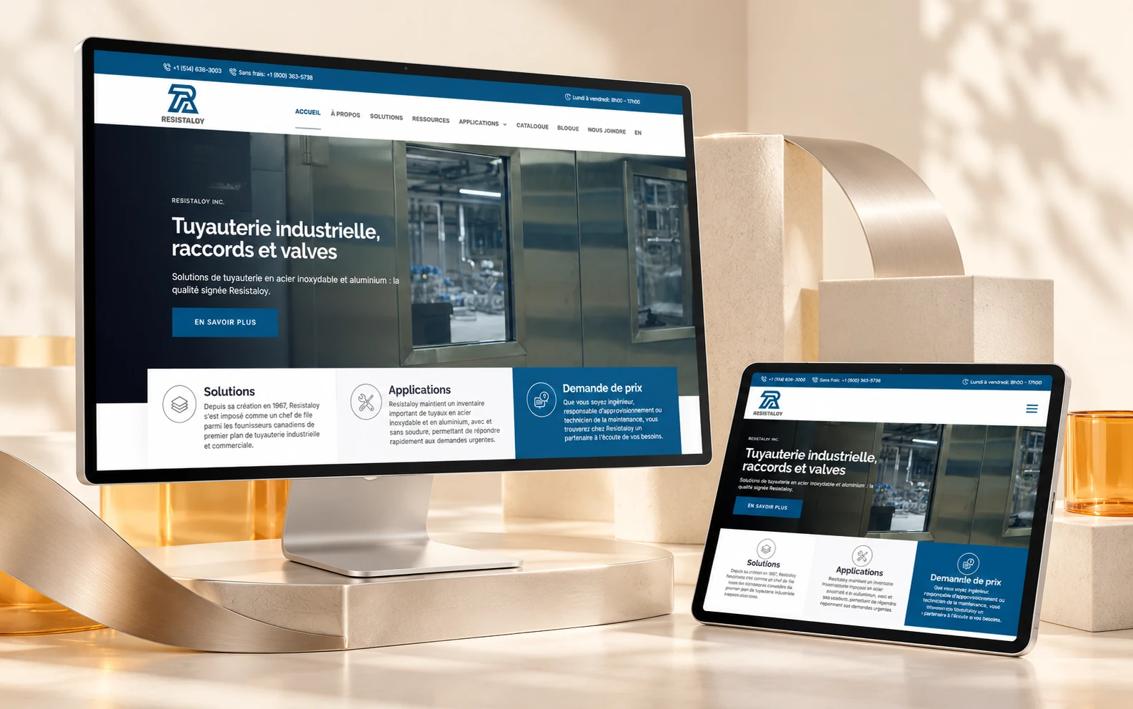 Resistaloy website on desktop and tablet, in a light setting with satin volumes and an amber cylinder