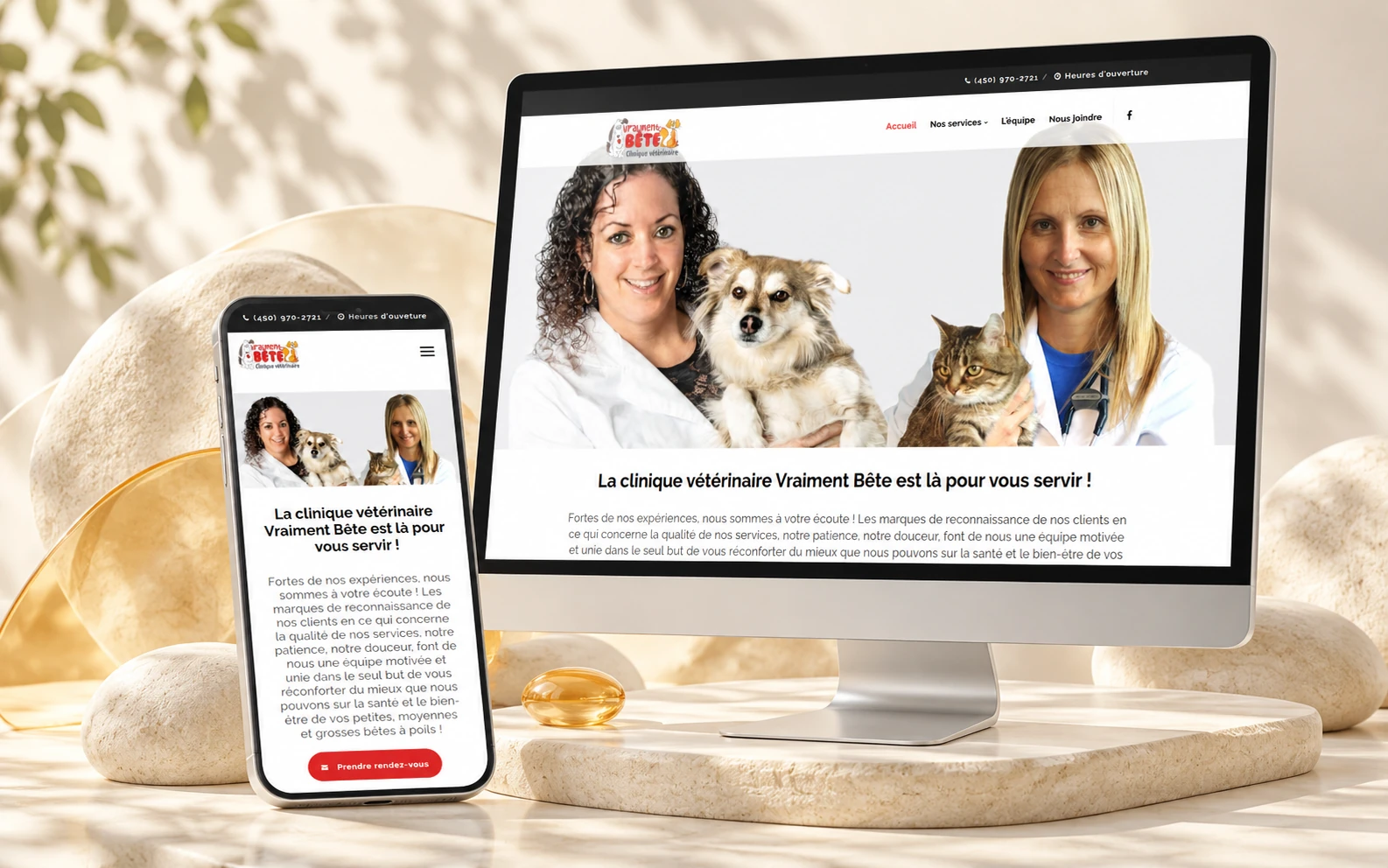 Vraiment Bête website on desktop and phone, in a light setting with organic shapes and botanical shadows