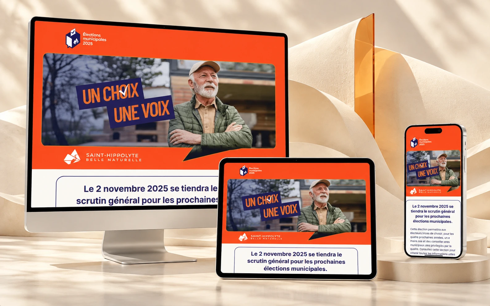 Saint-Hippolyte website on desktop, tablet and phone, in a light setting with layered paper and offset levels