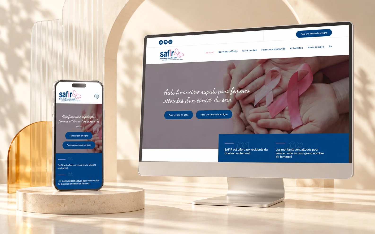 SAFIR website on desktop and phone, in a light setting with milky glass and a pale arch