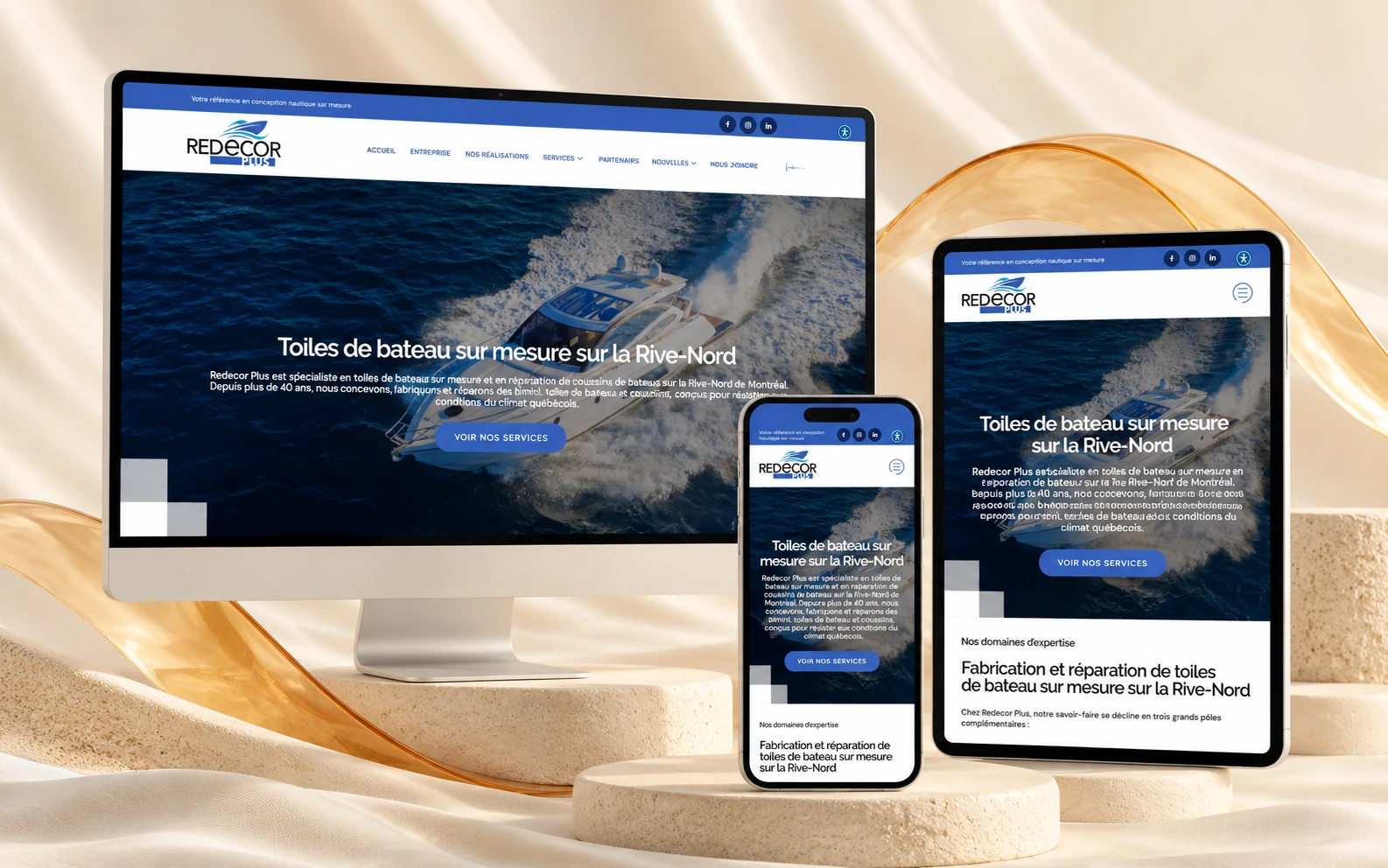Redecor Plus website on desktop, tablet and phone, in a light setting with soft folds and an amber wave