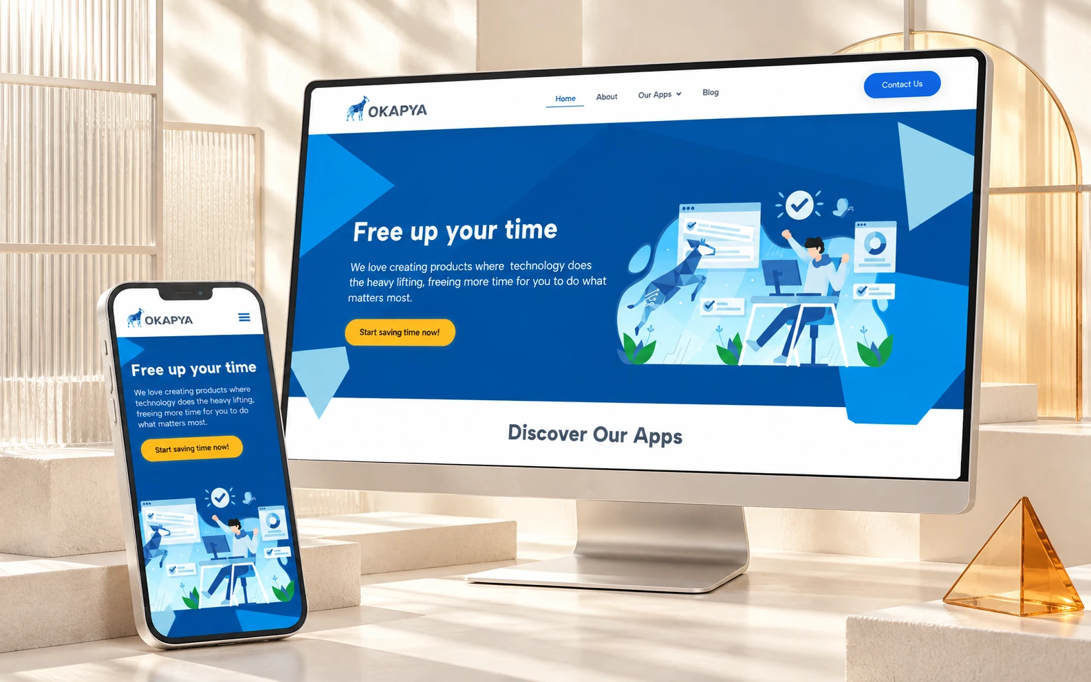 Okapya website on desktop and phone, in a light setting with frosted glass and offset white blocks