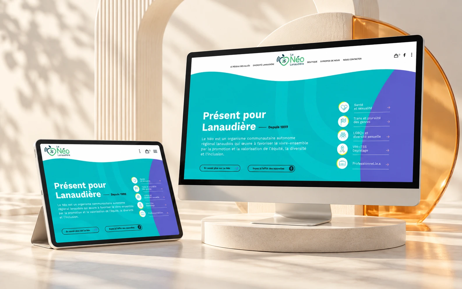 Le Néo website on desktop and tablet, in a light setting with a porcelain ring and a ribbed arch