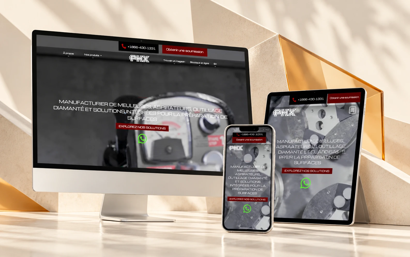PHX Industries website on desktop, tablet and phone, in a light setting with folded pale planes and an amber detail