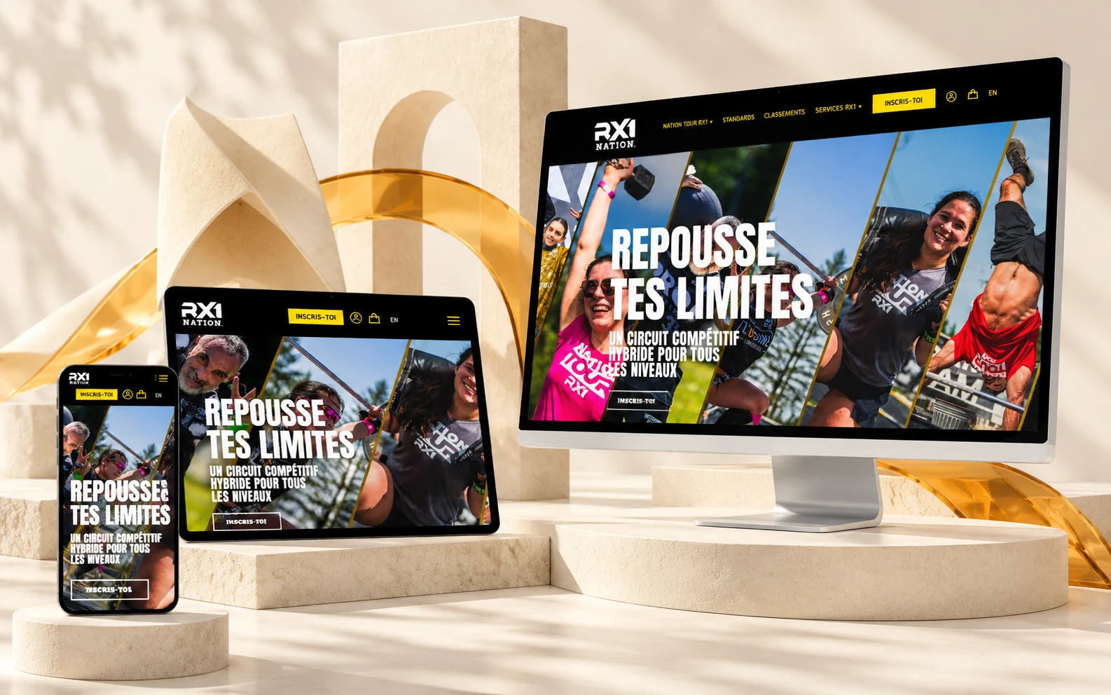 RX1 Nation website on desktop, tablet and phone, in a light setting with pale ramps and a glass arc