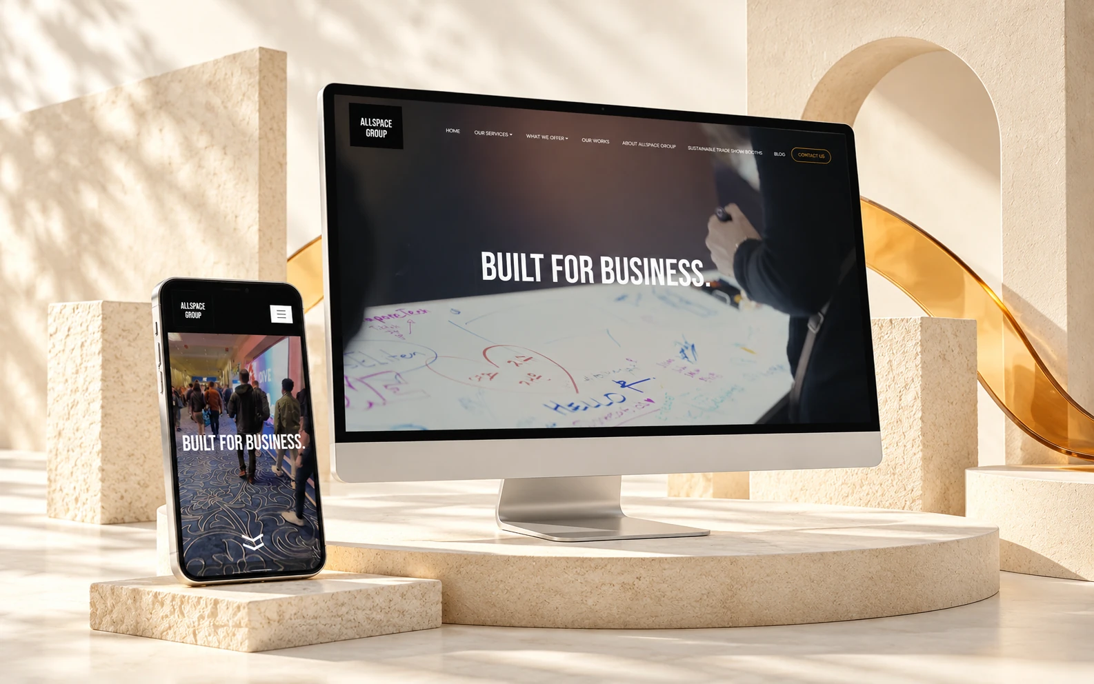 Allspace Group website on desktop and phone, in a light setting with pale niches and stone panels